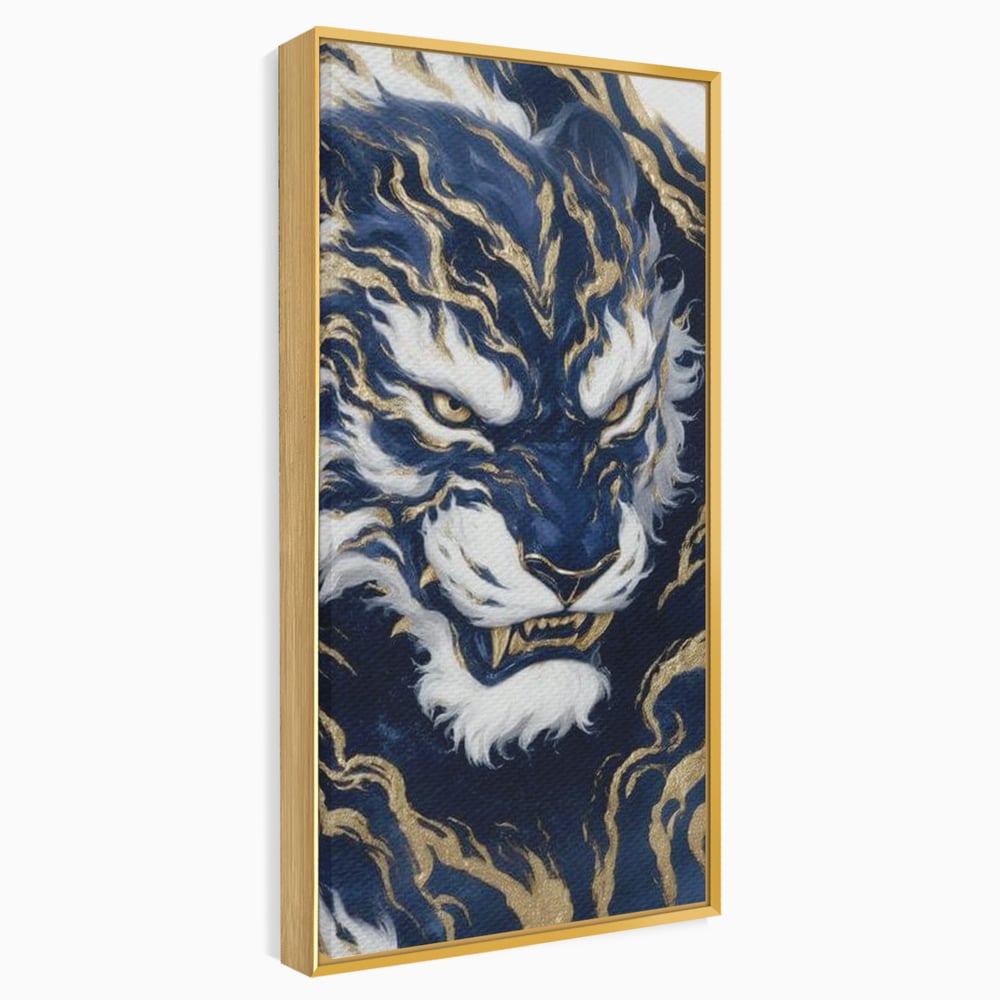 Leinwand Wandkunst Canvas Premium, LuxCanva® M1430, Zen Fury, Golden, Blau, Tiger, Bestie, Feline, Orientalisch, Krieger, Flammen, Reißzähne, Geist, Büro, Wohnen, Kinderzimmer