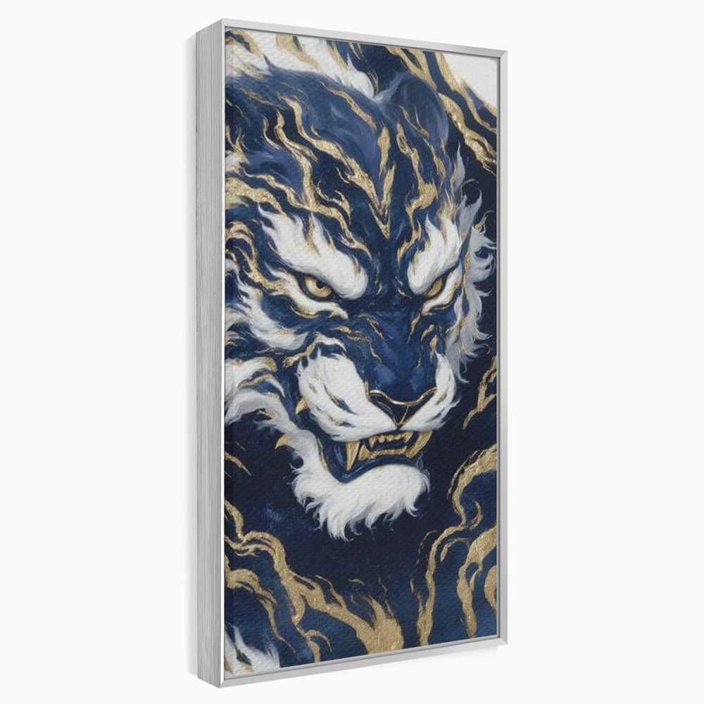 Leinwand Wandkunst Canvas Premium, LuxCanva® M1430, Zen Fury, Golden, Blau, Tiger, Bestie, Feline, Orientalisch, Krieger, Flammen, Reißzähne, Geist, Büro, Wohnen, Kinderzimmer