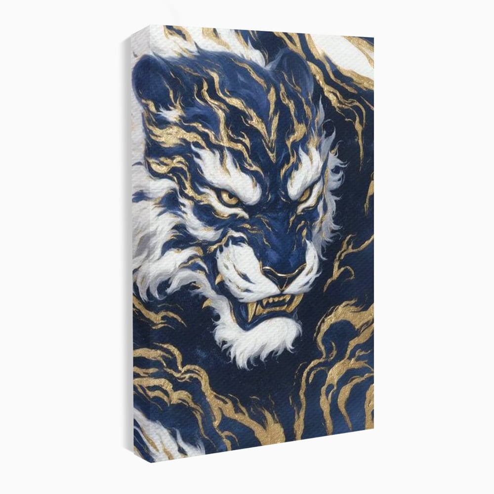 Leinwand Wandkunst Canvas Premium, LuxCanva® M1430, Zen Fury, Golden, Blau, Tiger, Bestie, Feline, Orientalisch, Krieger, Flammen, Reißzähne, Geist, Büro, Wohnen, Kinderzimmer