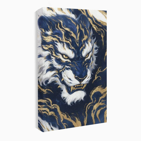 Leinwand Wandkunst Canvas Premium, LuxCanva® M1430, Zen Fury, Golden, Blau, Tiger, Bestie, Feline, Orientalisch, Krieger, Flammen, Reißzähne, Geist, Büro, Wohnen, Kinderzimmer