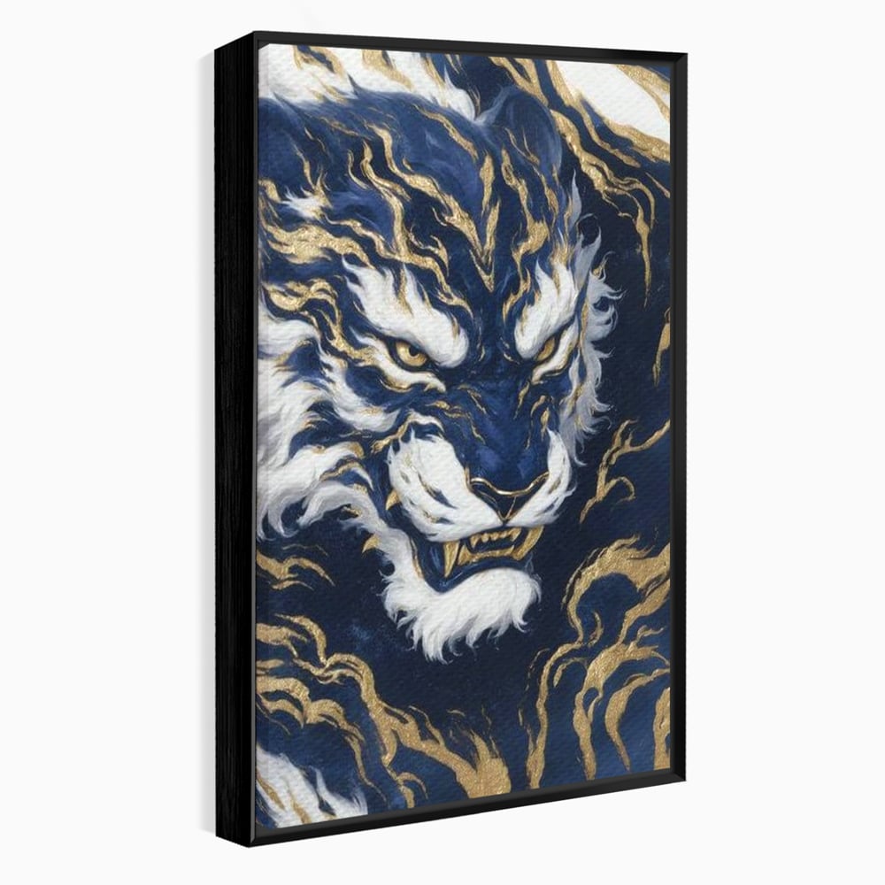 Leinwand Wandkunst Canvas Premium, LuxCanva® M1430, Zen Fury, Golden, Blau, Tiger, Bestie, Feline, Orientalisch, Krieger, Flammen, Reißzähne, Geist, Büro, Wohnen, Kinderzimmer