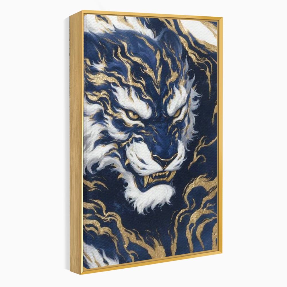 Leinwand Wandkunst Canvas Premium, LuxCanva® M1430, Zen Fury, Golden, Blau, Tiger, Bestie, Feline, Orientalisch, Krieger, Flammen, Reißzähne, Geist, Büro, Wohnen, Kinderzimmer