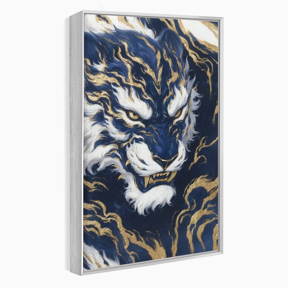 Leinwand Wandkunst Canvas Premium, LuxCanva® M1430, Zen Fury, Golden, Blau, Tiger, Bestie, Feline, Orientalisch, Krieger, Flammen, Reißzähne, Geist, Büro, Wohnen, Kinderzimmer