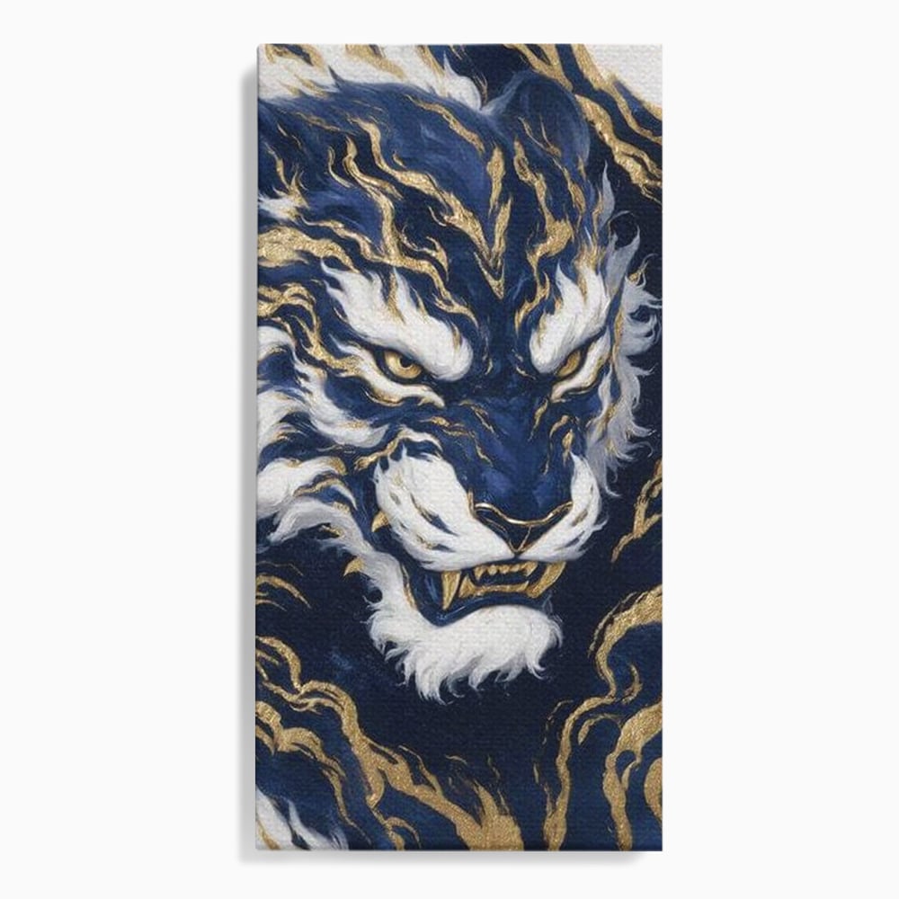 Leinwand Wandkunst Canvas Premium, LuxCanva® M1430, Zen Fury, Golden, Blau, Tiger, Bestie, Feline, Orientalisch, Krieger, Flammen, Reißzähne, Geist, Büro, Wohnen, Kinderzimmer