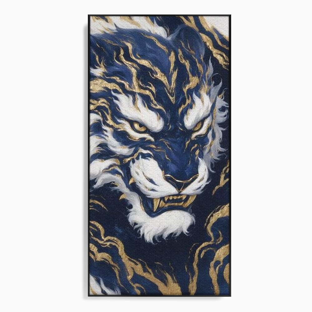 Leinwand Wandkunst Canvas Premium, LuxCanva® M1430, Zen Fury, Golden, Blau, Tiger, Bestie, Feline, Orientalisch, Krieger, Flammen, Reißzähne, Geist, Büro, Wohnen, Kinderzimmer