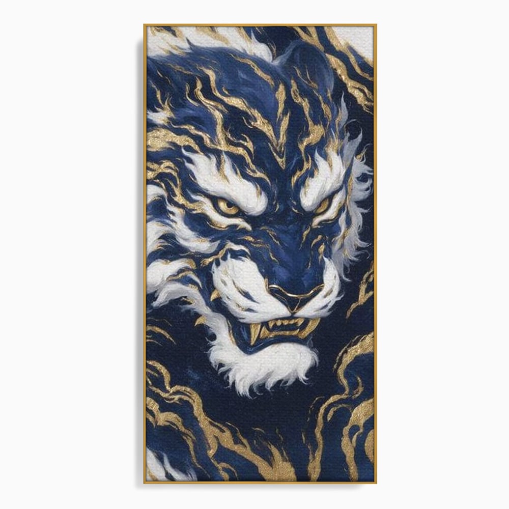 Leinwand Wandkunst Canvas Premium, LuxCanva® M1430, Zen Fury, Golden, Blau, Tiger, Bestie, Feline, Orientalisch, Krieger, Flammen, Reißzähne, Geist, Büro, Wohnen, Kinderzimmer