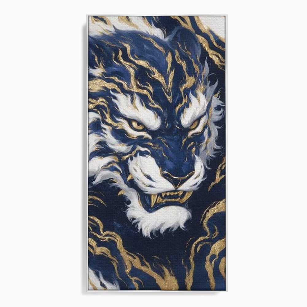 Leinwand Wandkunst Canvas Premium, LuxCanva® M1430, Zen Fury, Golden, Blau, Tiger, Bestie, Feline, Orientalisch, Krieger, Flammen, Reißzähne, Geist, Büro, Wohnen, Kinderzimmer