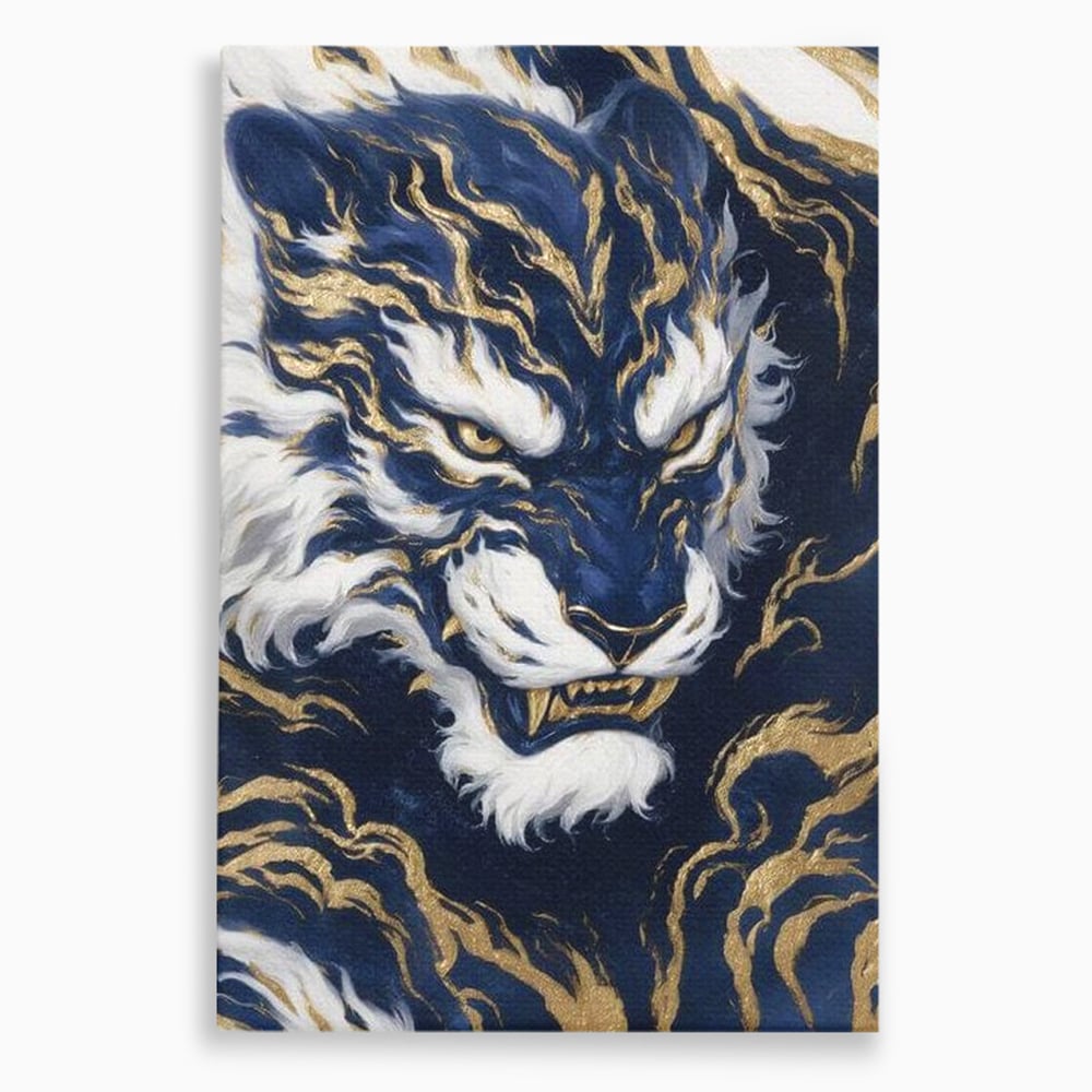 Leinwand Wandkunst Canvas Premium, LuxCanva® M1430, Zen Fury, Golden, Blau, Tiger, Bestie, Feline, Orientalisch, Krieger, Flammen, Reißzähne, Geist, Büro, Wohnen, Kinderzimmer