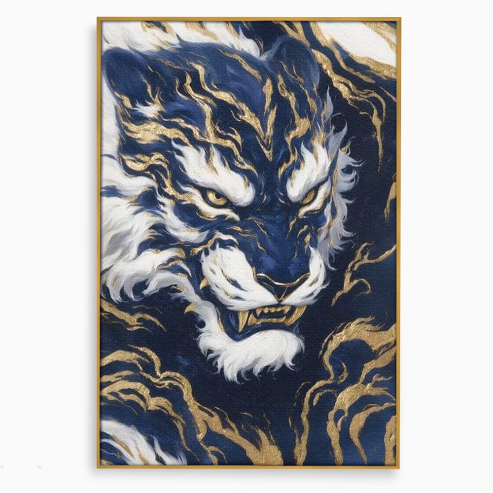 Leinwand Wandkunst Canvas Premium, LuxCanva® M1430, Zen Fury, Golden, Blau, Tiger, Bestie, Feline, Orientalisch, Krieger, Flammen, Reißzähne, Geist, Büro, Wohnen, Kinderzimmer