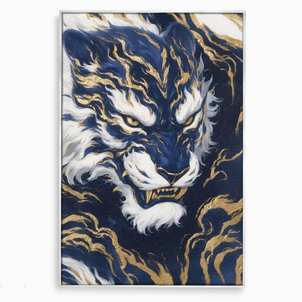 Leinwand Wandkunst Canvas Premium, LuxCanva® M1430, Zen Fury, Golden, Blau, Tiger, Bestie, Feline, Orientalisch, Krieger, Flammen, Reißzähne, Geist, Büro, Wohnen, Kinderzimmer