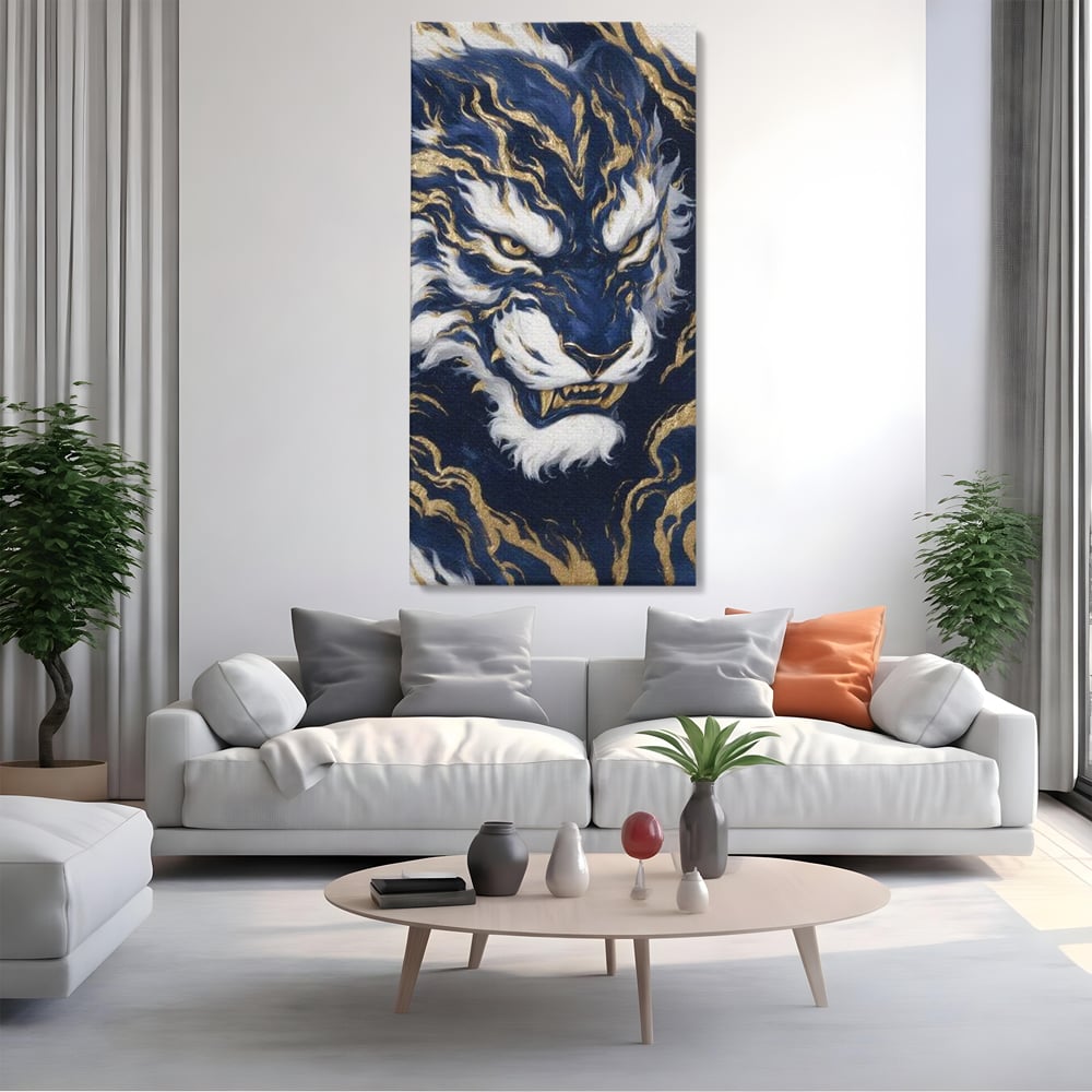 Leinwand Wandkunst Canvas Premium, LuxCanva® M1430, Zen Fury, Golden, Blau, Tiger, Bestie, Feline, Orientalisch, Krieger, Flammen, Reißzähne, Geist, Büro, Wohnen, Kinderzimmer