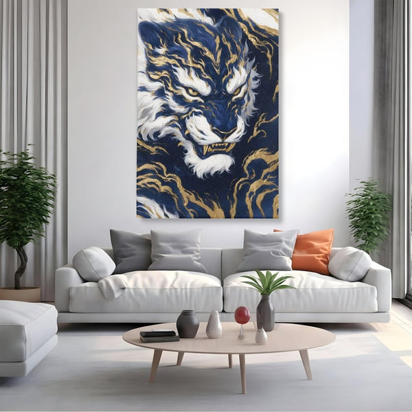 Leinwand Wandkunst Canvas Premium, LuxCanva® M1430, Zen Fury, Golden, Blau, Tiger, Bestie, Feline, Orientalisch, Krieger, Flammen, Reißzähne, Geist, Büro, Wohnen, Kinderzimmer