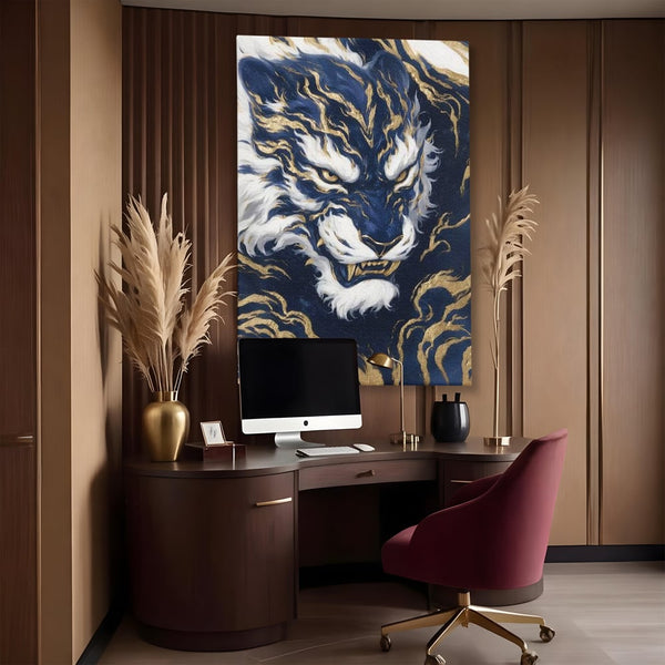 Leinwand Wandkunst Canvas Premium, LuxCanva® M1430, Zen Fury, Golden, Blau, Tiger, Bestie, Feline, Orientalisch, Krieger, Flammen, Reißzähne, Geist, Büro, Wohnen, Kinderzimmer