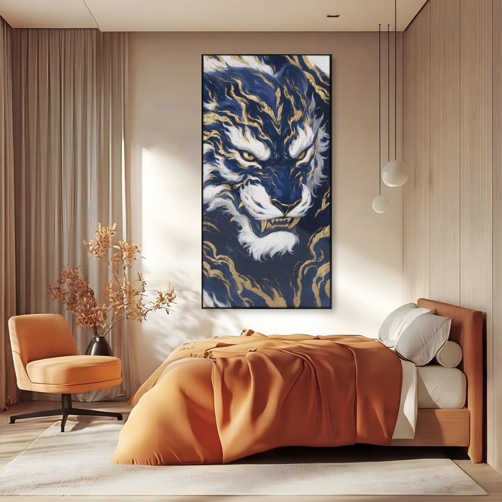 Leinwand Wandkunst Canvas Premium, LuxCanva® M1430, Zen Fury, Golden, Blau, Tiger, Bestie, Feline, Orientalisch, Krieger, Flammen, Reißzähne, Geist, Büro, Wohnen, Kinderzimmer