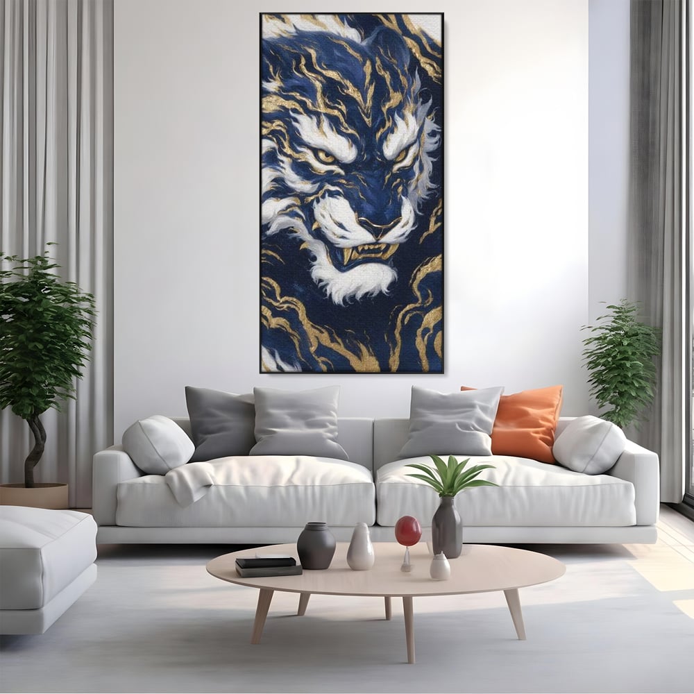 Leinwand Wandkunst Canvas Premium, LuxCanva® M1430, Zen Fury, Golden, Blau, Tiger, Bestie, Feline, Orientalisch, Krieger, Flammen, Reißzähne, Geist, Büro, Wohnen, Kinderzimmer