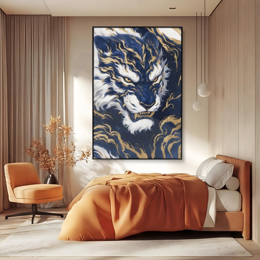 Leinwand Wandkunst Canvas Premium, LuxCanva® M1430, Zen Fury, Golden, Blau, Tiger, Bestie, Feline, Orientalisch, Krieger, Flammen, Reißzähne, Geist, Büro, Wohnen, Kinderzimmer