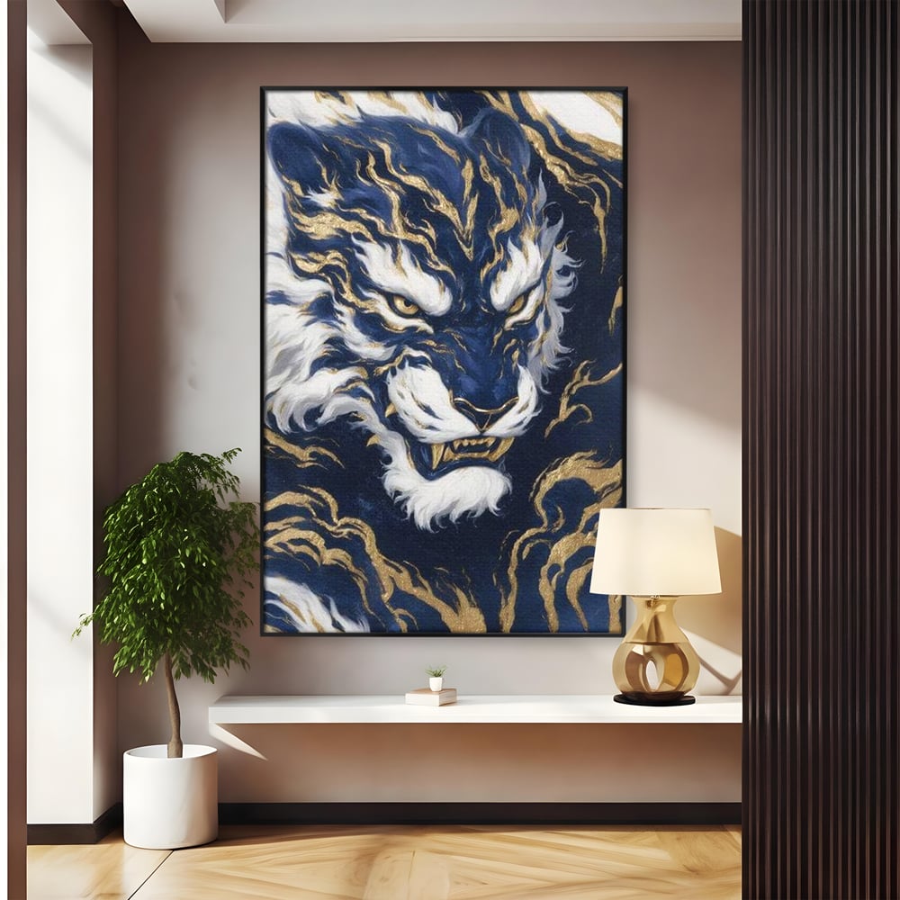 Leinwand Wandkunst Canvas Premium, LuxCanva® M1430, Zen Fury, Golden, Blau, Tiger, Bestie, Feline, Orientalisch, Krieger, Flammen, Reißzähne, Geist, Büro, Wohnen, Kinderzimmer