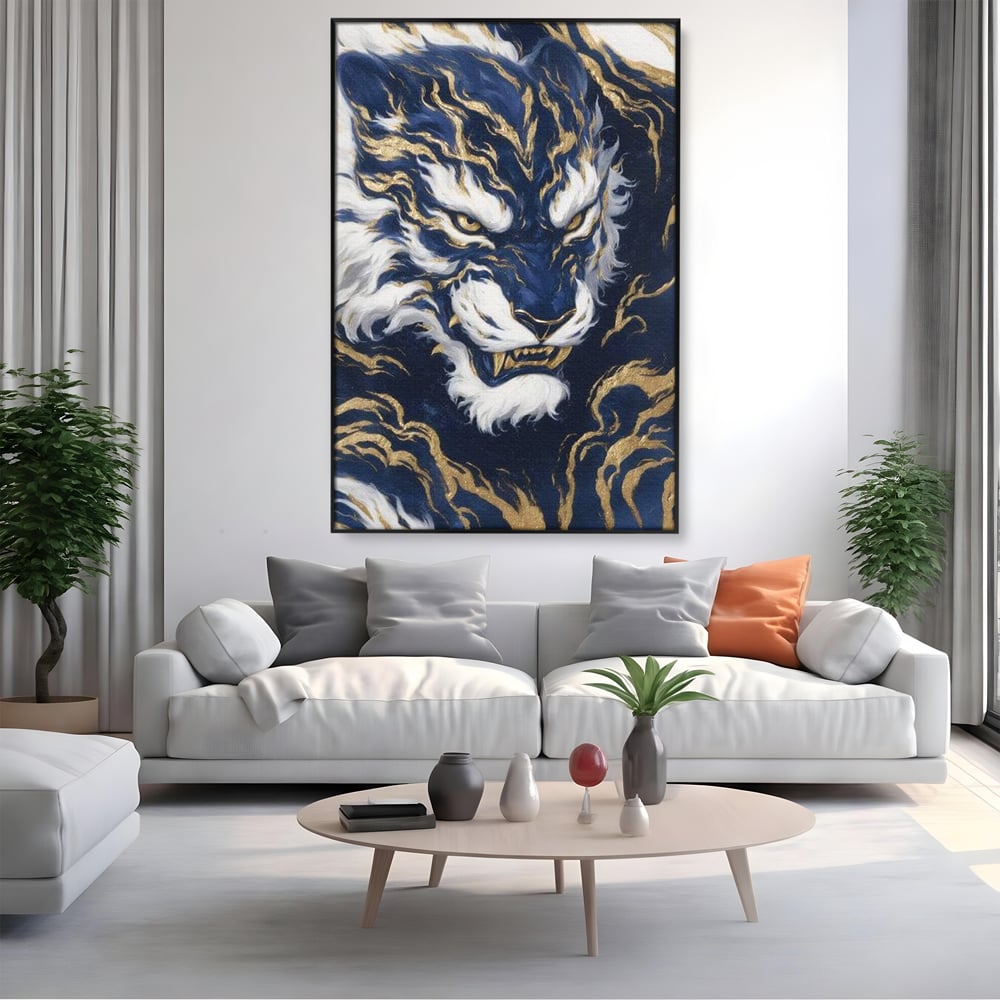 Leinwand Wandkunst Canvas Premium, LuxCanva® M1430, Zen Fury, Golden, Blau, Tiger, Bestie, Feline, Orientalisch, Krieger, Flammen, Reißzähne, Geist, Büro, Wohnen, Kinderzimmer