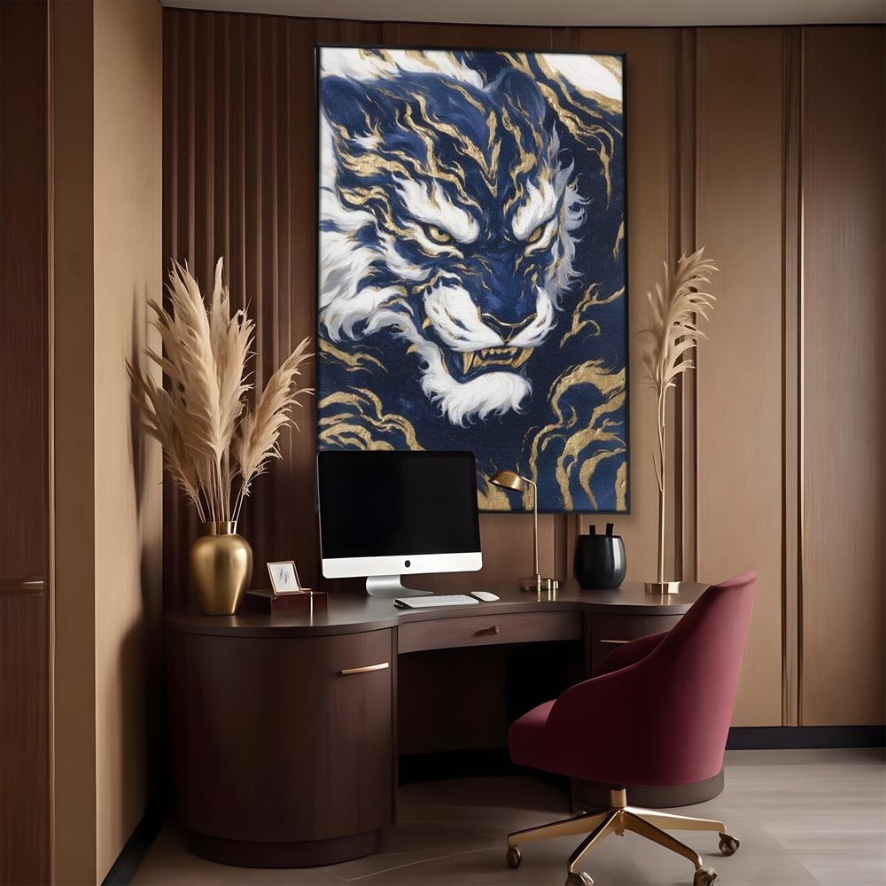 Leinwand Wandkunst Canvas Premium, LuxCanva® M1430, Zen Fury, Golden, Blau, Tiger, Bestie, Feline, Orientalisch, Krieger, Flammen, Reißzähne, Geist, Büro, Wohnen, Kinderzimmer