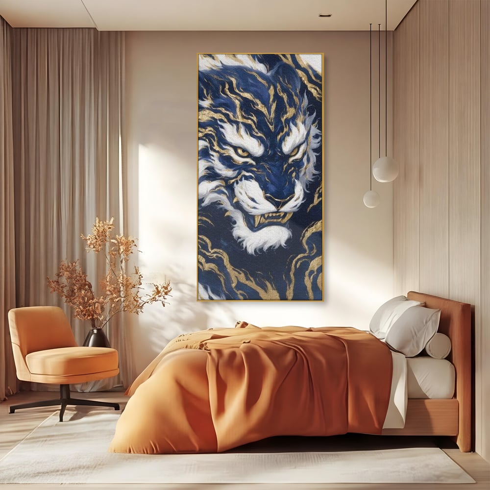 Leinwand Wandkunst Canvas Premium, LuxCanva® M1430, Zen Fury, Golden, Blau, Tiger, Bestie, Feline, Orientalisch, Krieger, Flammen, Reißzähne, Geist, Büro, Wohnen, Kinderzimmer