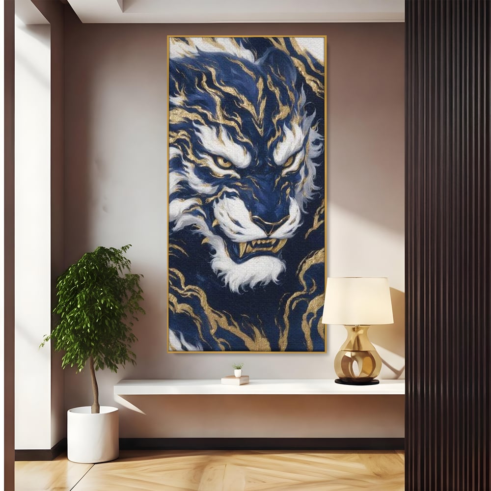 Leinwand Wandkunst Canvas Premium, LuxCanva® M1430, Zen Fury, Golden, Blau, Tiger, Bestie, Feline, Orientalisch, Krieger, Flammen, Reißzähne, Geist, Büro, Wohnen, Kinderzimmer