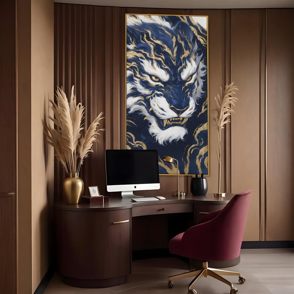 Leinwand Wandkunst Canvas Premium, LuxCanva® M1430, Zen Fury, Golden, Blau, Tiger, Bestie, Feline, Orientalisch, Krieger, Flammen, Reißzähne, Geist, Büro, Wohnen, Kinderzimmer