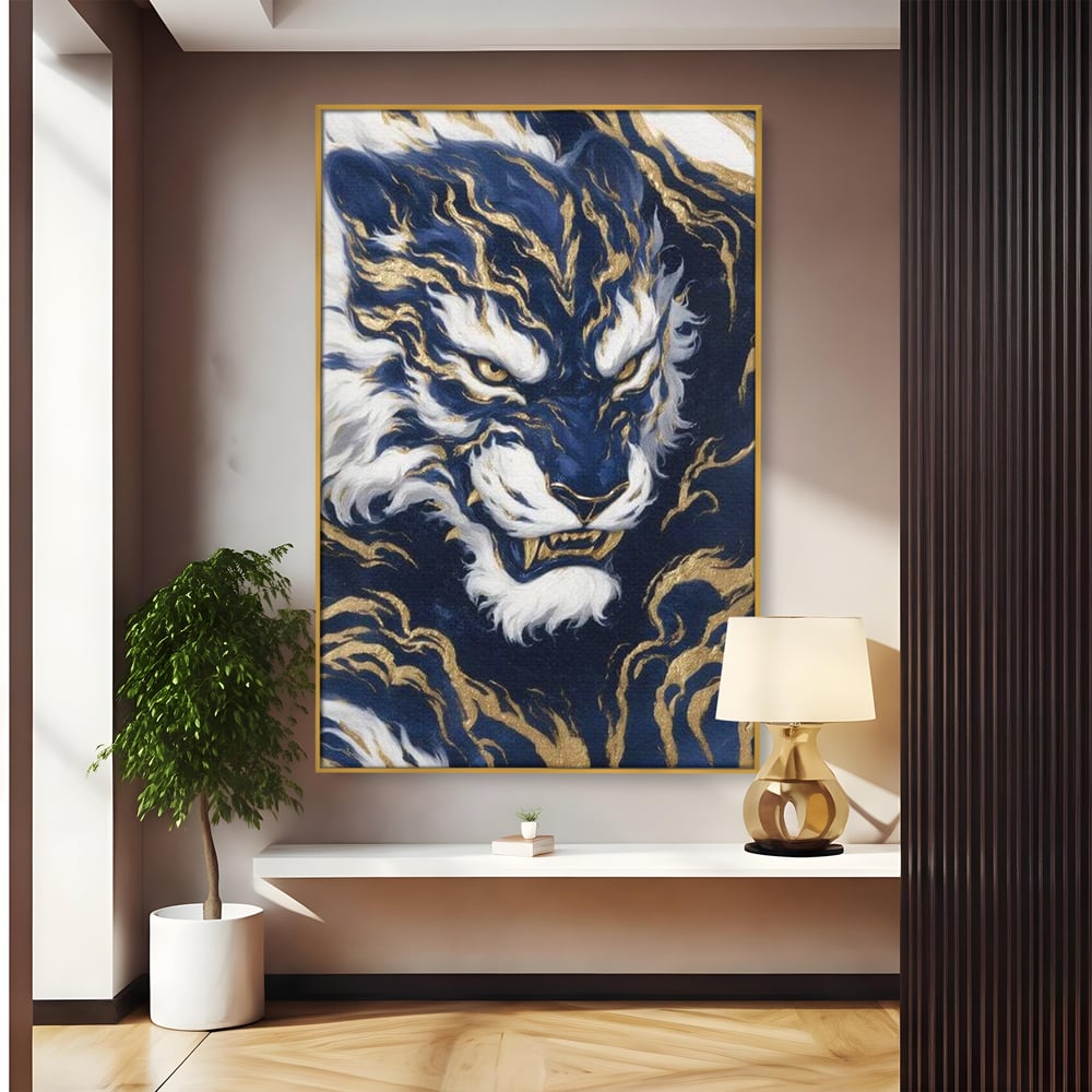 Leinwand Wandkunst Canvas Premium, LuxCanva® M1430, Zen Fury, Golden, Blau, Tiger, Bestie, Feline, Orientalisch, Krieger, Flammen, Reißzähne, Geist, Büro, Wohnen, Kinderzimmer
