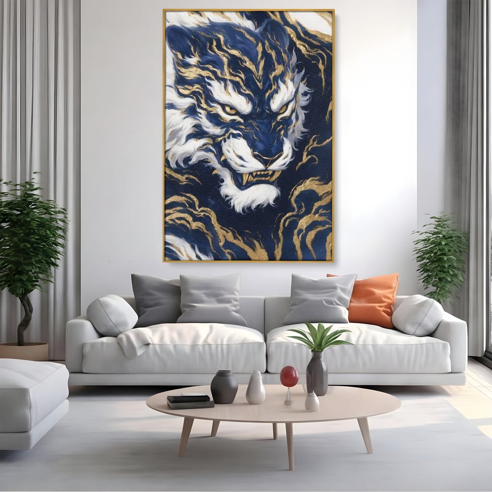 Leinwand Wandkunst Canvas Premium, LuxCanva® M1430, Zen Fury, Golden, Blau, Tiger, Bestie, Feline, Orientalisch, Krieger, Flammen, Reißzähne, Geist, Büro, Wohnen, Kinderzimmer