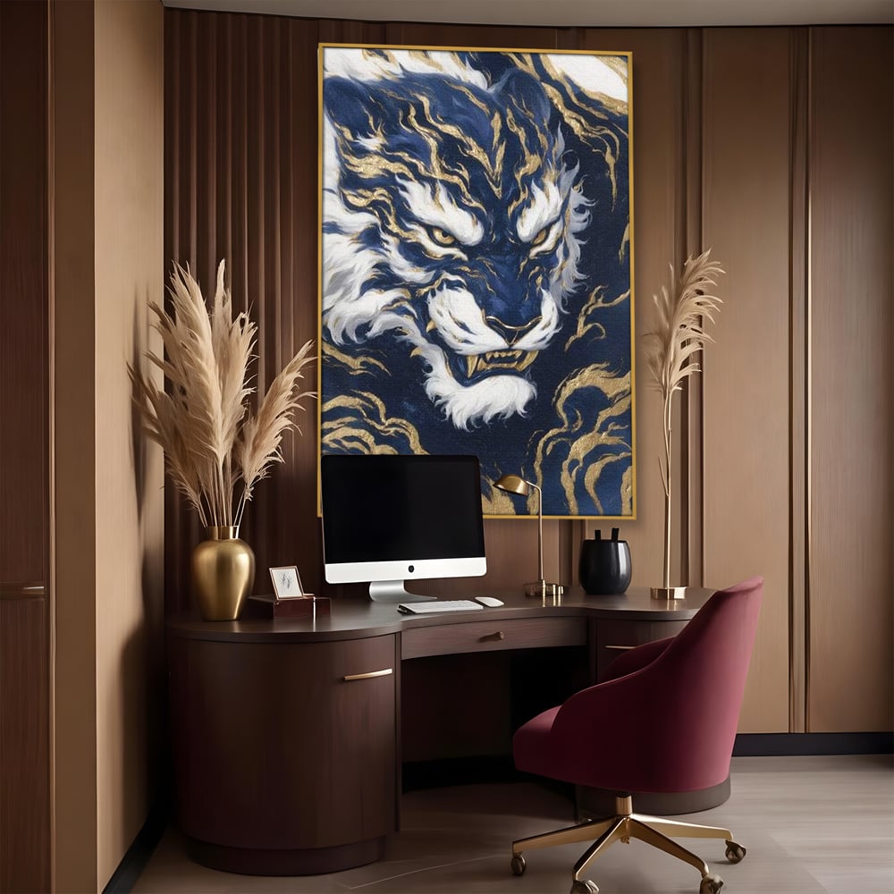 Leinwand Wandkunst Canvas Premium, LuxCanva® M1430, Zen Fury, Golden, Blau, Tiger, Bestie, Feline, Orientalisch, Krieger, Flammen, Reißzähne, Geist, Büro, Wohnen, Kinderzimmer