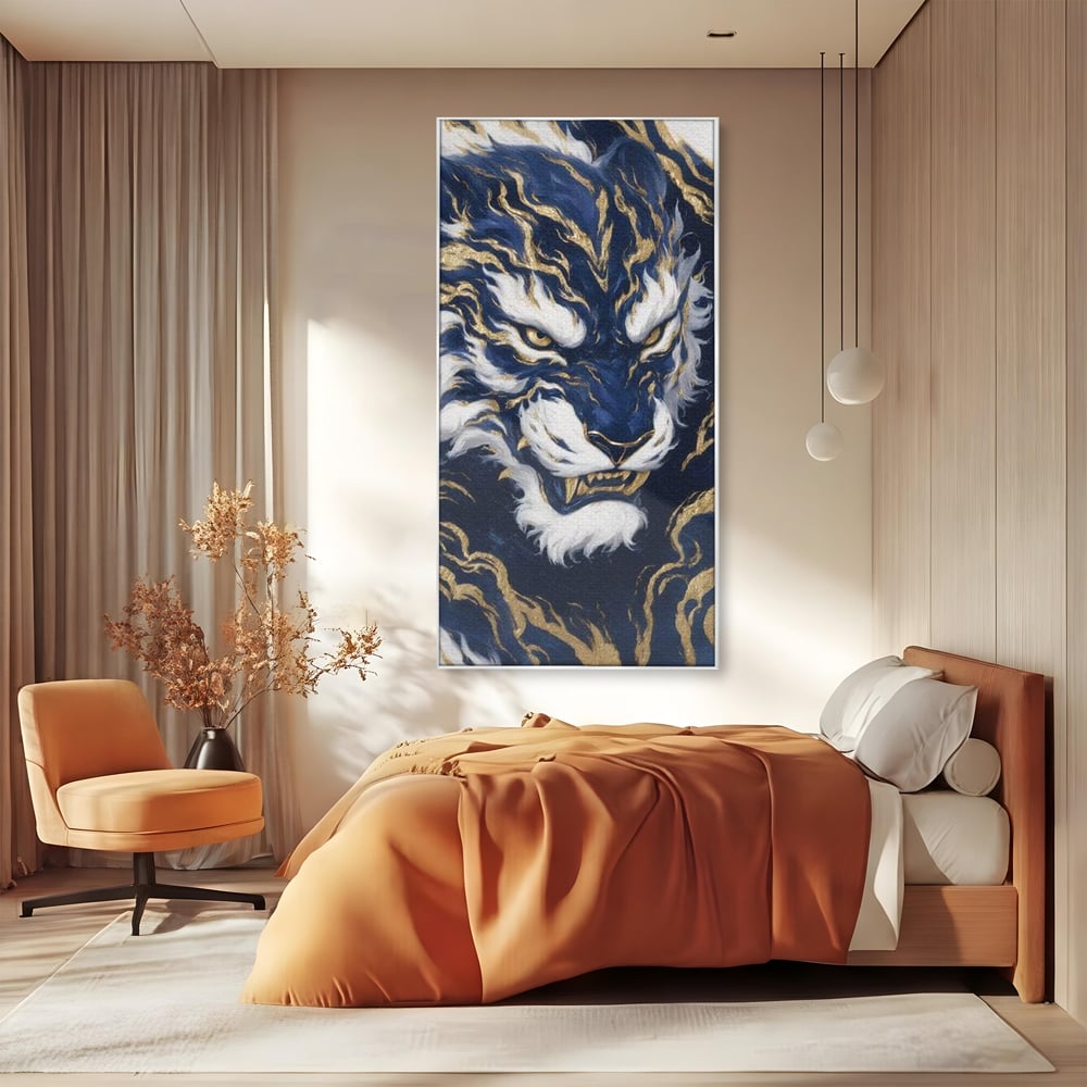 Leinwand Wandkunst Canvas Premium, LuxCanva® M1430, Zen Fury, Golden, Blau, Tiger, Bestie, Feline, Orientalisch, Krieger, Flammen, Reißzähne, Geist, Büro, Wohnen, Kinderzimmer