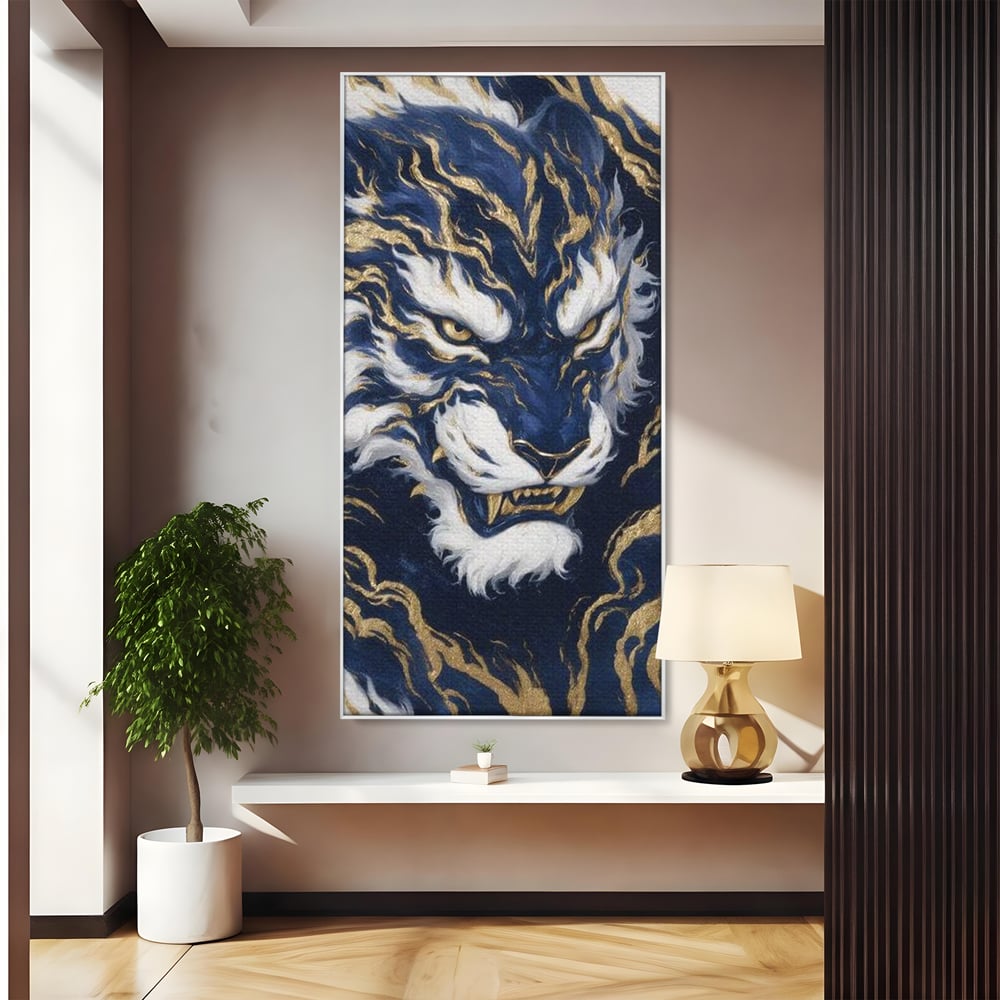 Leinwand Wandkunst Canvas Premium, LuxCanva® M1430, Zen Fury, Golden, Blau, Tiger, Bestie, Feline, Orientalisch, Krieger, Flammen, Reißzähne, Geist, Büro, Wohnen, Kinderzimmer