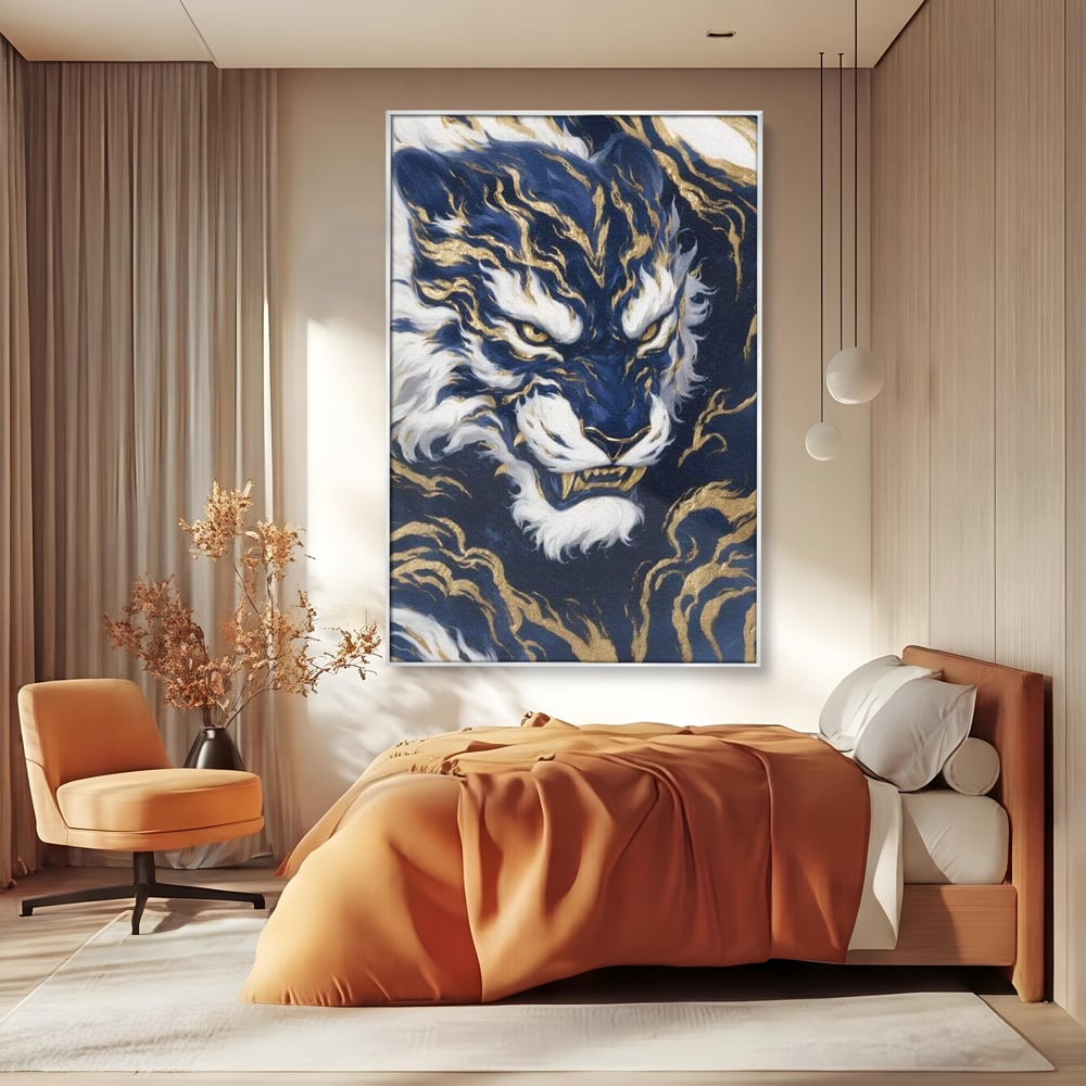 Leinwand Wandkunst Canvas Premium, LuxCanva® M1430, Zen Fury, Golden, Blau, Tiger, Bestie, Feline, Orientalisch, Krieger, Flammen, Reißzähne, Geist, Büro, Wohnen, Kinderzimmer