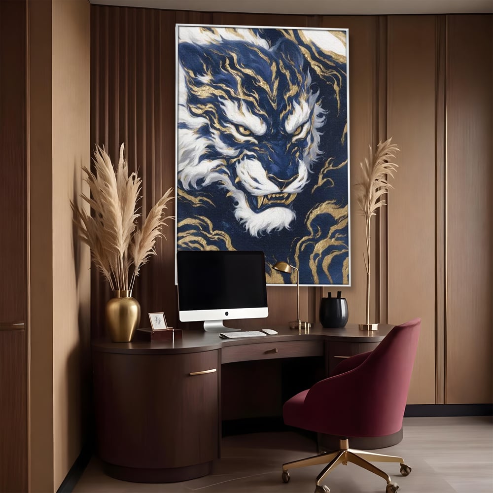 Leinwand Wandkunst Canvas Premium, LuxCanva® M1430, Zen Fury, Golden, Blau, Tiger, Bestie, Feline, Orientalisch, Krieger, Flammen, Reißzähne, Geist, Büro, Wohnen, Kinderzimmer