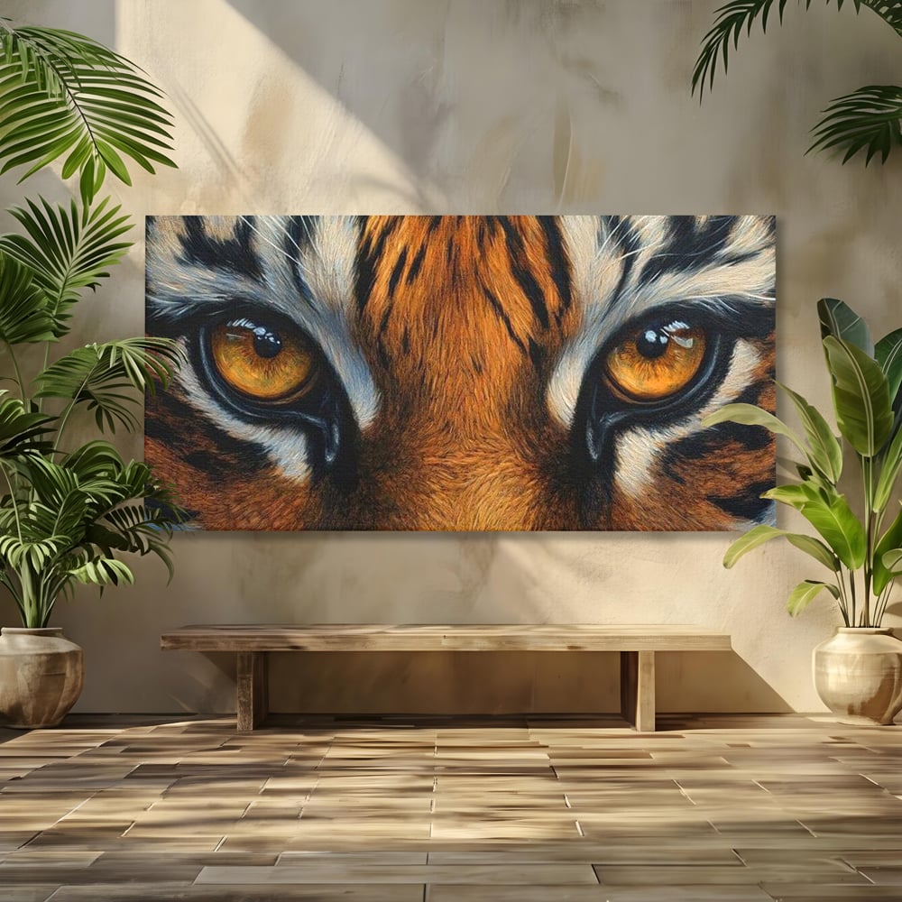 Leinwand Wandkunst Canvas Premium, LuxCanva® M1431, Verborgener Geist, Blick, Augen, Feuer, Geheimnis, Kraft, Instinkt, Bestie, Tiger, Tigerin, Feline, Dschungel, Exotisch, Büro, Wohnen, Kinderzimmer