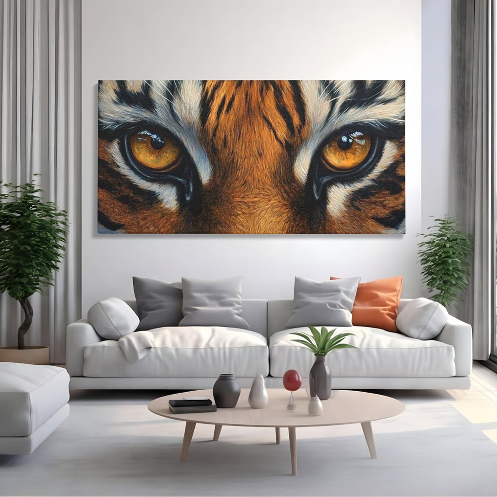 Leinwand Wandkunst Canvas Premium, LuxCanva® M1431, Verborgener Geist, Blick, Augen, Feuer, Geheimnis, Kraft, Instinkt, Bestie, Tiger, Tigerin, Feline, Dschungel, Exotisch, Büro, Wohnen, Kinderzimmer