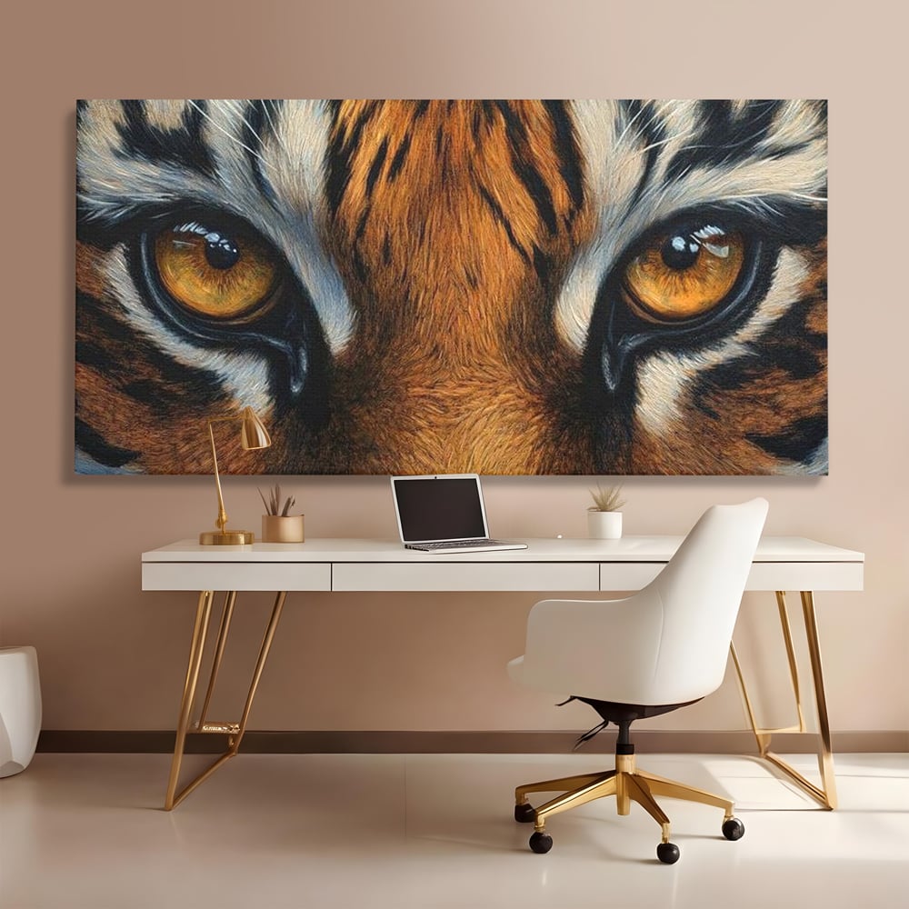 Leinwand Wandkunst Canvas Premium, LuxCanva® M1431, Verborgener Geist, Blick, Augen, Feuer, Geheimnis, Kraft, Instinkt, Bestie, Tiger, Tigerin, Feline, Dschungel, Exotisch, Büro, Wohnen, Kinderzimmer