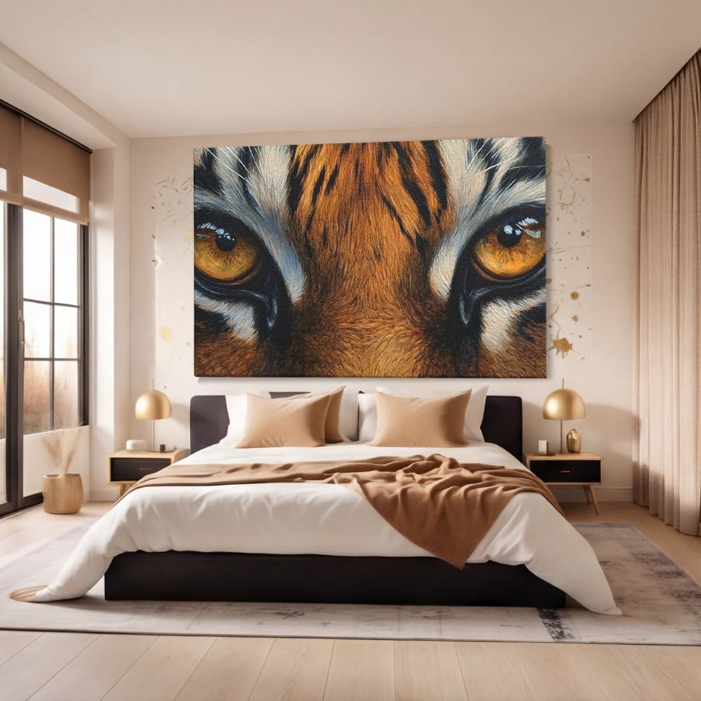 Leinwand Wandkunst Canvas Premium, LuxCanva® M1431, Verborgener Geist, Blick, Augen, Feuer, Geheimnis, Kraft, Instinkt, Bestie, Tiger, Tigerin, Feline, Dschungel, Exotisch, Büro, Wohnen, Kinderzimmer