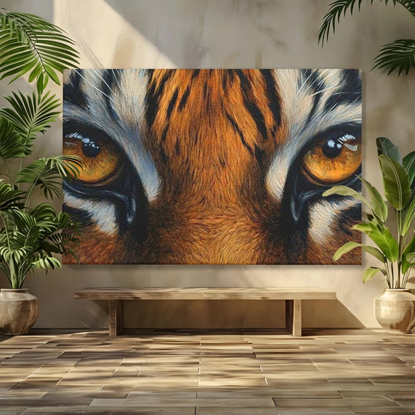 Leinwand Wandkunst Canvas Premium, LuxCanva® M1431, Verborgener Geist, Blick, Augen, Feuer, Geheimnis, Kraft, Instinkt, Bestie, Tiger, Tigerin, Feline, Dschungel, Exotisch, Büro, Wohnen, Kinderzimmer