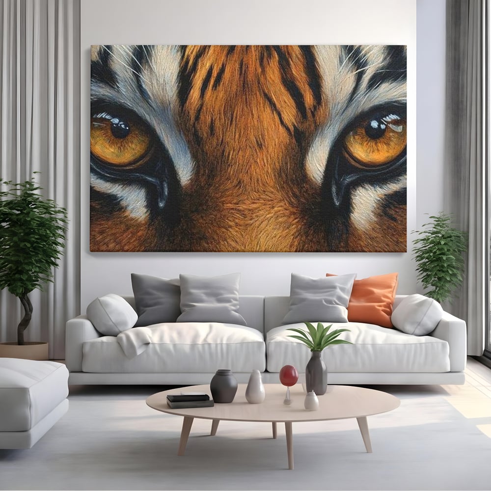 Leinwand Wandkunst Canvas Premium, LuxCanva® M1431, Verborgener Geist, Blick, Augen, Feuer, Geheimnis, Kraft, Instinkt, Bestie, Tiger, Tigerin, Feline, Dschungel, Exotisch, Büro, Wohnen, Kinderzimmer