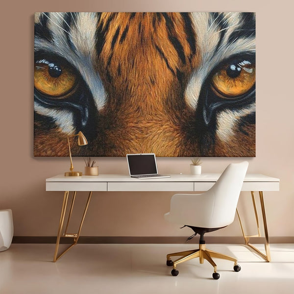Leinwand Wandkunst Canvas Premium, LuxCanva® M1431, Verborgener Geist, Blick, Augen, Feuer, Geheimnis, Kraft, Instinkt, Bestie, Tiger, Tigerin, Feline, Dschungel, Exotisch, Büro, Wohnen, Kinderzimmer