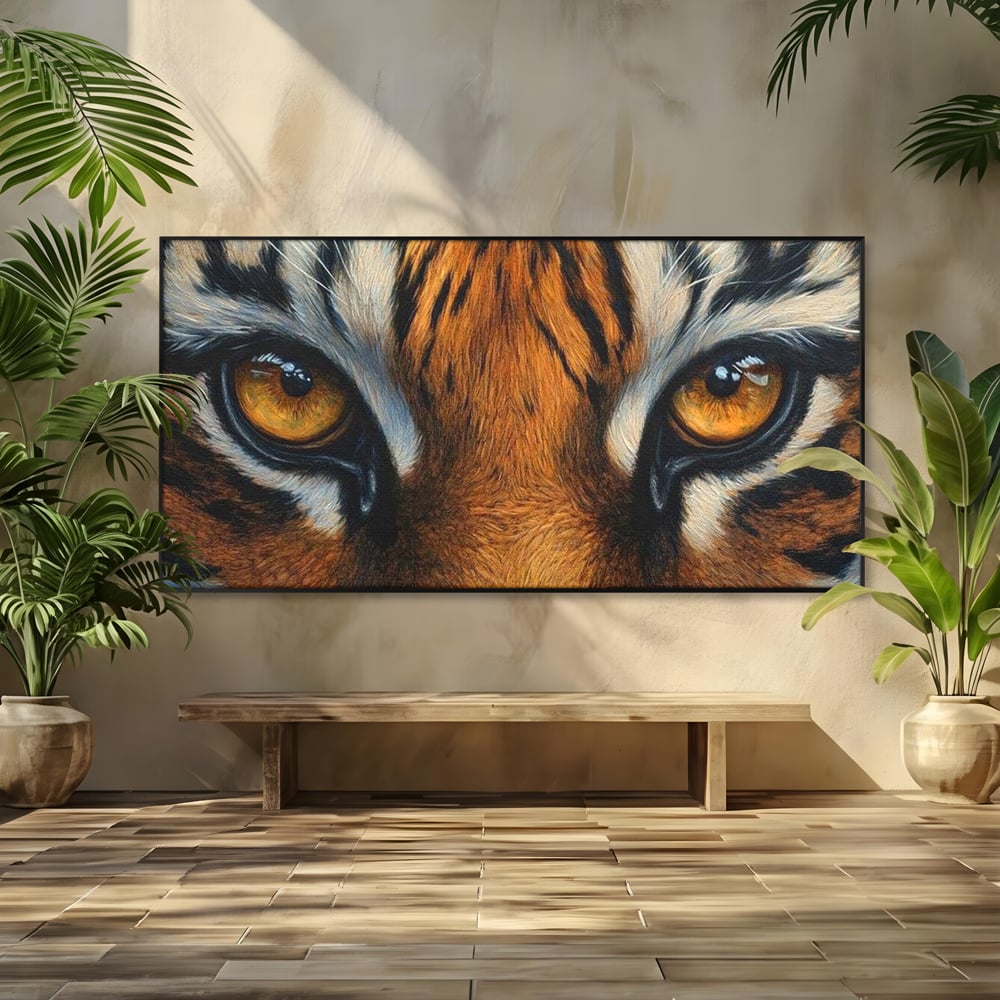 Leinwand Wandkunst Canvas Premium, LuxCanva® M1431, Verborgener Geist, Blick, Augen, Feuer, Geheimnis, Kraft, Instinkt, Bestie, Tiger, Tigerin, Feline, Dschungel, Exotisch, Büro, Wohnen, Kinderzimmer