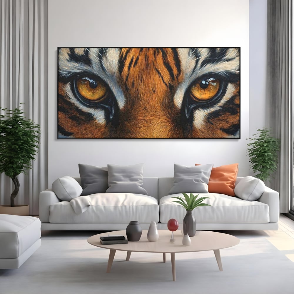 Leinwand Wandkunst Canvas Premium, LuxCanva® M1431, Verborgener Geist, Blick, Augen, Feuer, Geheimnis, Kraft, Instinkt, Bestie, Tiger, Tigerin, Feline, Dschungel, Exotisch, Büro, Wohnen, Kinderzimmer