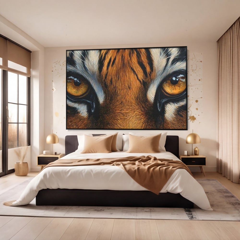 Leinwand Wandkunst Canvas Premium, LuxCanva® M1431, Verborgener Geist, Blick, Augen, Feuer, Geheimnis, Kraft, Instinkt, Bestie, Tiger, Tigerin, Feline, Dschungel, Exotisch, Büro, Wohnen, Kinderzimmer