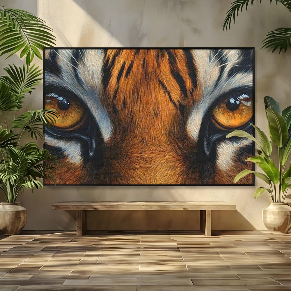 Leinwand Wandkunst Canvas Premium, LuxCanva® M1431, Verborgener Geist, Blick, Augen, Feuer, Geheimnis, Kraft, Instinkt, Bestie, Tiger, Tigerin, Feline, Dschungel, Exotisch, Büro, Wohnen, Kinderzimmer
