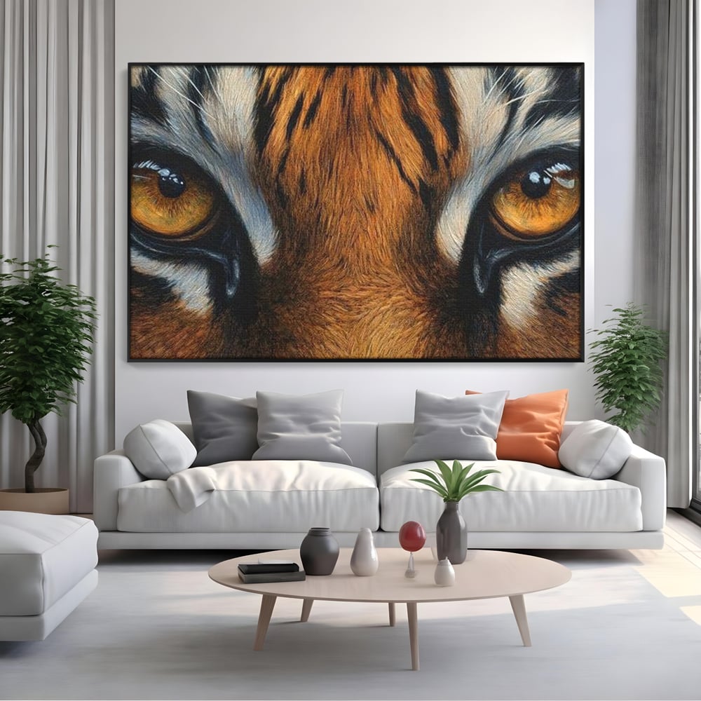 Leinwand Wandkunst Canvas Premium, LuxCanva® M1431, Verborgener Geist, Blick, Augen, Feuer, Geheimnis, Kraft, Instinkt, Bestie, Tiger, Tigerin, Feline, Dschungel, Exotisch, Büro, Wohnen, Kinderzimmer