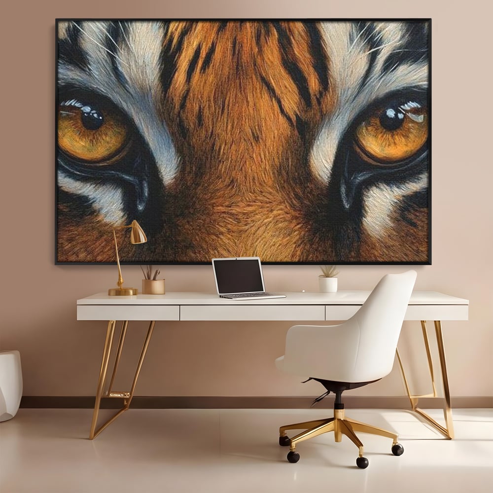 Leinwand Wandkunst Canvas Premium, LuxCanva® M1431, Verborgener Geist, Blick, Augen, Feuer, Geheimnis, Kraft, Instinkt, Bestie, Tiger, Tigerin, Feline, Dschungel, Exotisch, Büro, Wohnen, Kinderzimmer