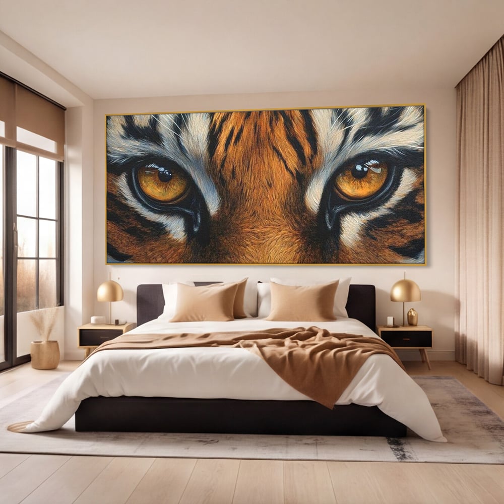 Leinwand Wandkunst Canvas Premium, LuxCanva® M1431, Verborgener Geist, Blick, Augen, Feuer, Geheimnis, Kraft, Instinkt, Bestie, Tiger, Tigerin, Feline, Dschungel, Exotisch, Büro, Wohnen, Kinderzimmer