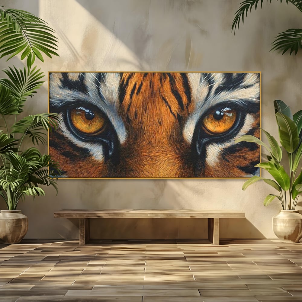 Leinwand Wandkunst Canvas Premium, LuxCanva® M1431, Verborgener Geist, Blick, Augen, Feuer, Geheimnis, Kraft, Instinkt, Bestie, Tiger, Tigerin, Feline, Dschungel, Exotisch, Büro, Wohnen, Kinderzimmer