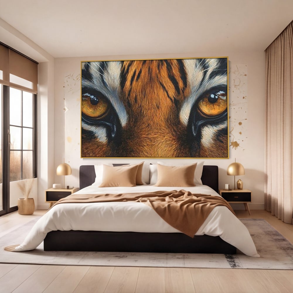 Leinwand Wandkunst Canvas Premium, LuxCanva® M1431, Verborgener Geist, Blick, Augen, Feuer, Geheimnis, Kraft, Instinkt, Bestie, Tiger, Tigerin, Feline, Dschungel, Exotisch, Büro, Wohnen, Kinderzimmer