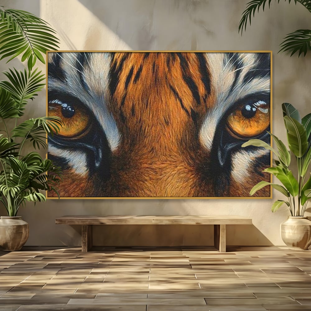 Leinwand Wandkunst Canvas Premium, LuxCanva® M1431, Verborgener Geist, Blick, Augen, Feuer, Geheimnis, Kraft, Instinkt, Bestie, Tiger, Tigerin, Feline, Dschungel, Exotisch, Büro, Wohnen, Kinderzimmer